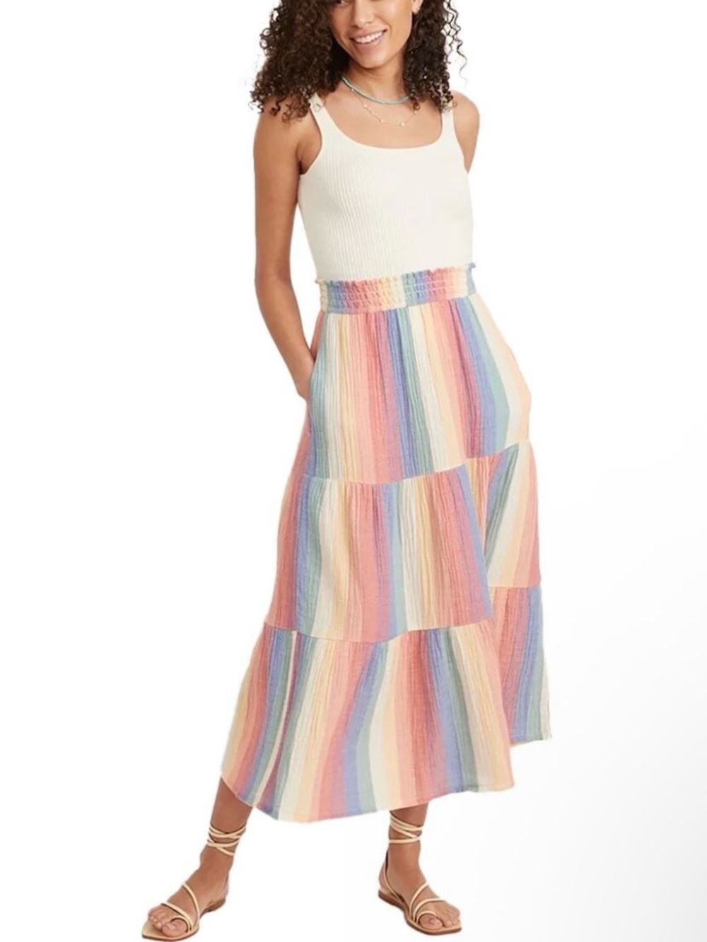 Marine Layer Corinne Pastel Rainbow Tiered Cotton Gauze Maxi Skirt